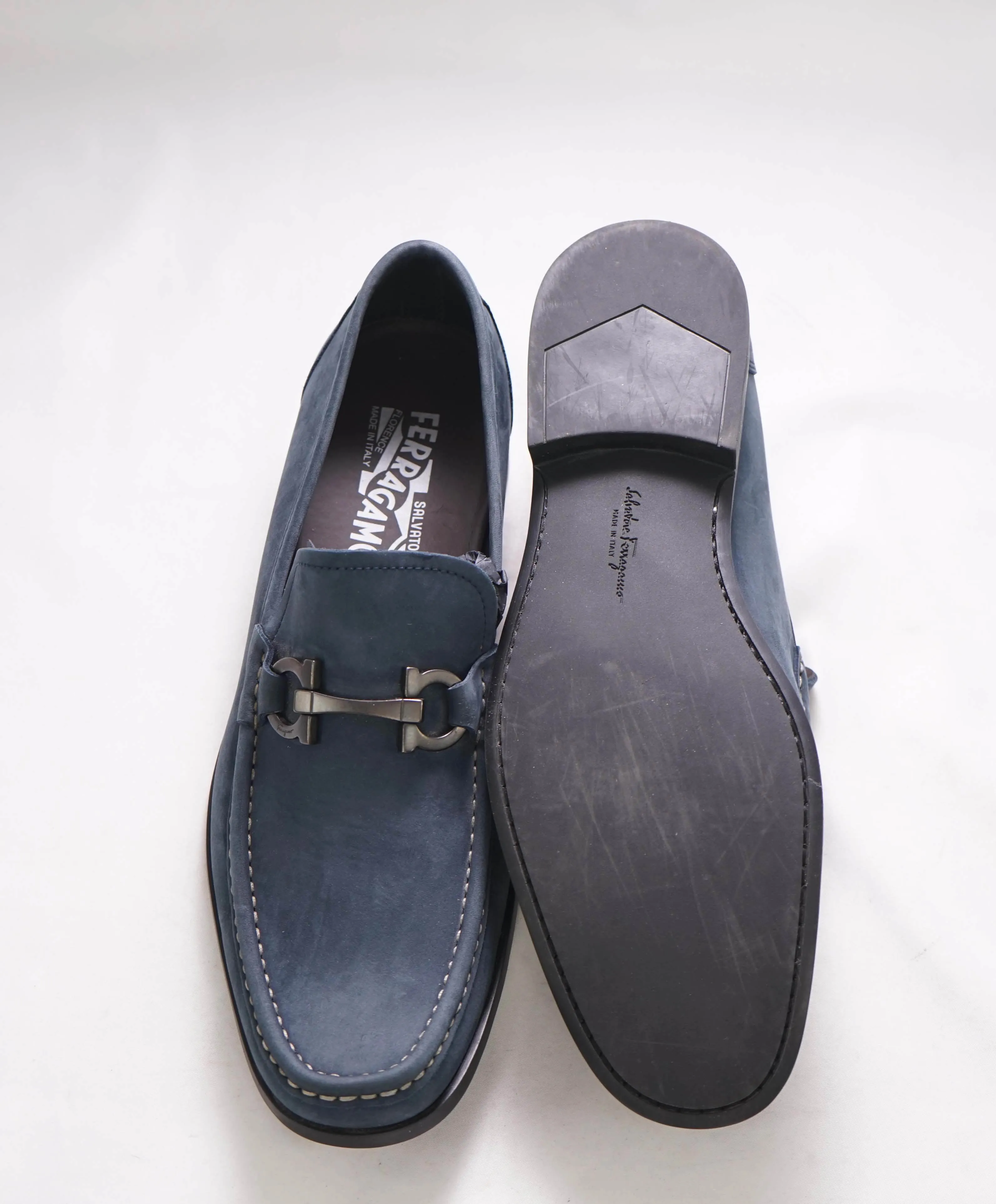 $850 SALVATORE FERRAGAMO - “GRANDIOSO" Gancini Bit Loafer Steel Blue Suede - 10 D