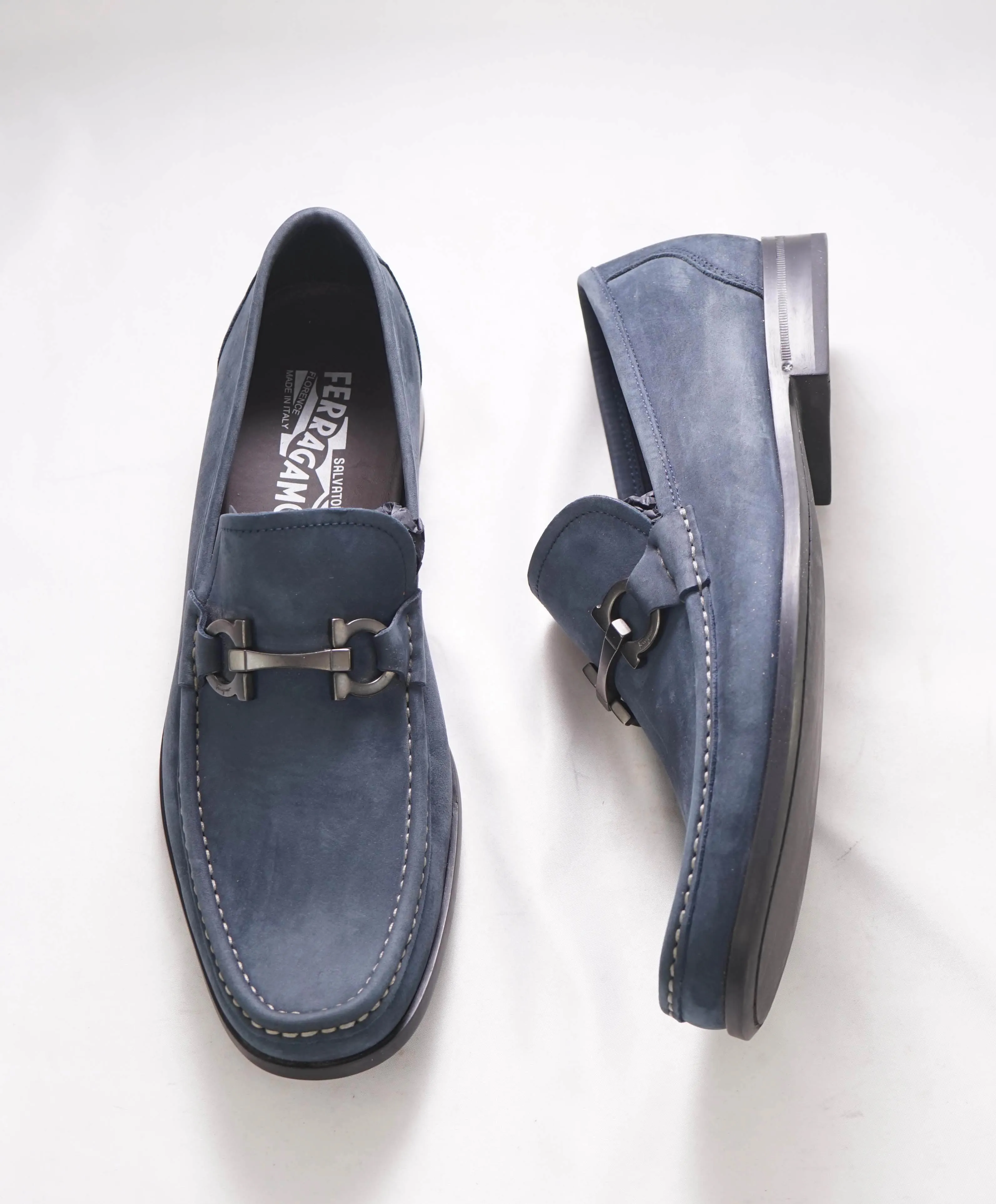 $850 SALVATORE FERRAGAMO - “GRANDIOSO" Gancini Bit Loafer Steel Blue Suede - 10 D