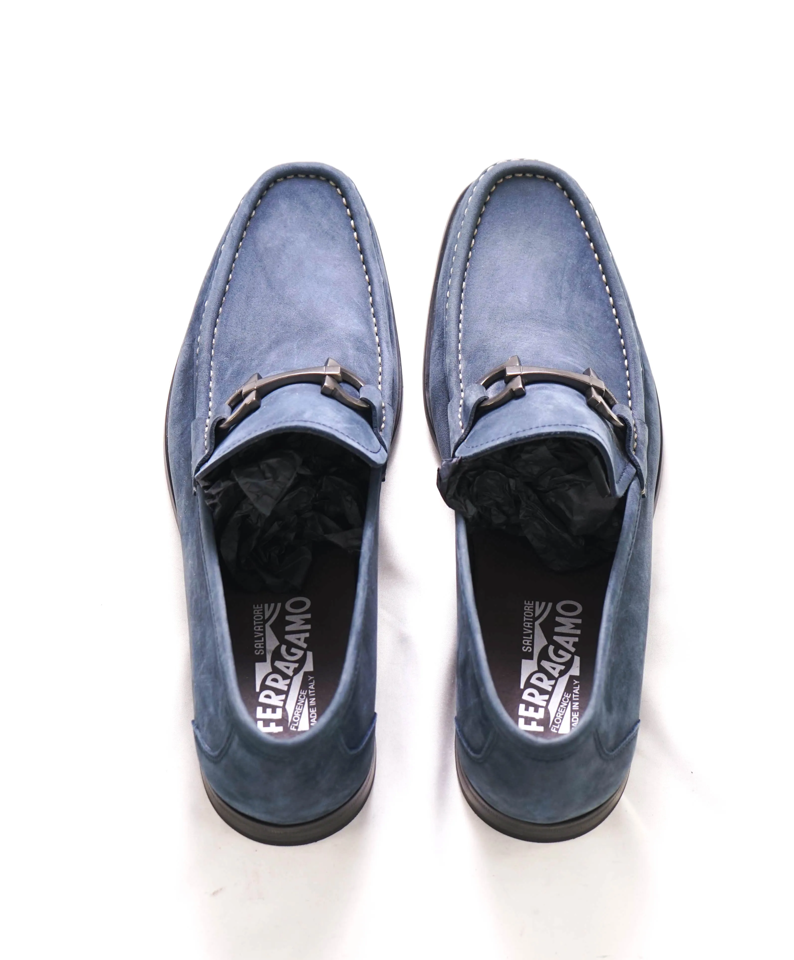 $850 SALVATORE FERRAGAMO - “GRANDIOSO" Gancini Bit Loafer Steel Blue Suede - 10 D