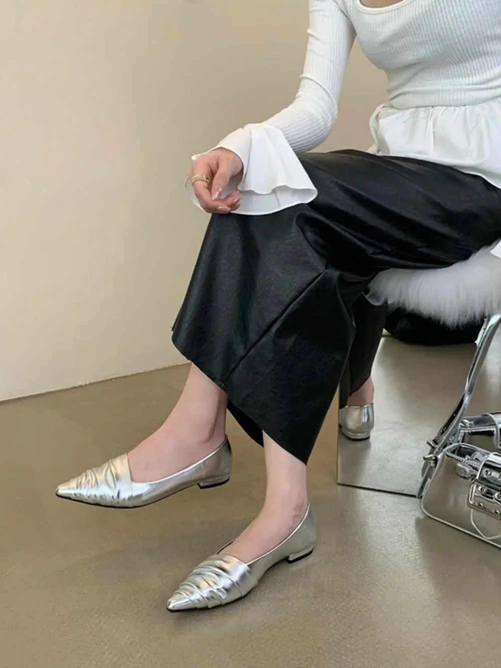binfenxie  -  Fashion Women Loafers Pointed Toe Shallow Slip On Low Heeled Black Red Silver Gold Party Dress Shoes Woman Mules Size 35-39