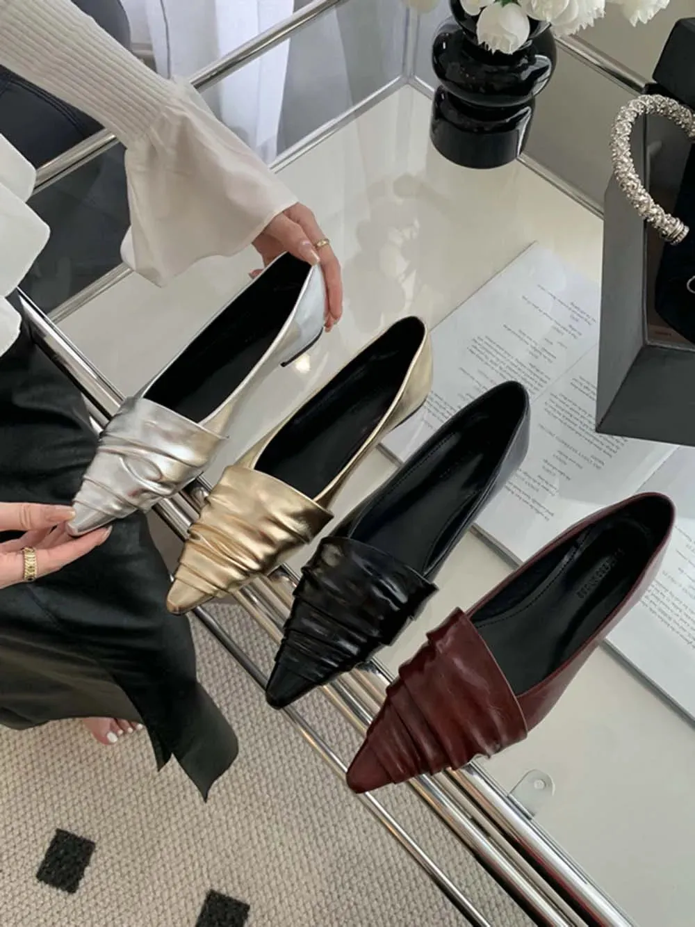 binfenxie  -  Fashion Women Loafers Pointed Toe Shallow Slip On Low Heeled Black Red Silver Gold Party Dress Shoes Woman Mules Size 35-39