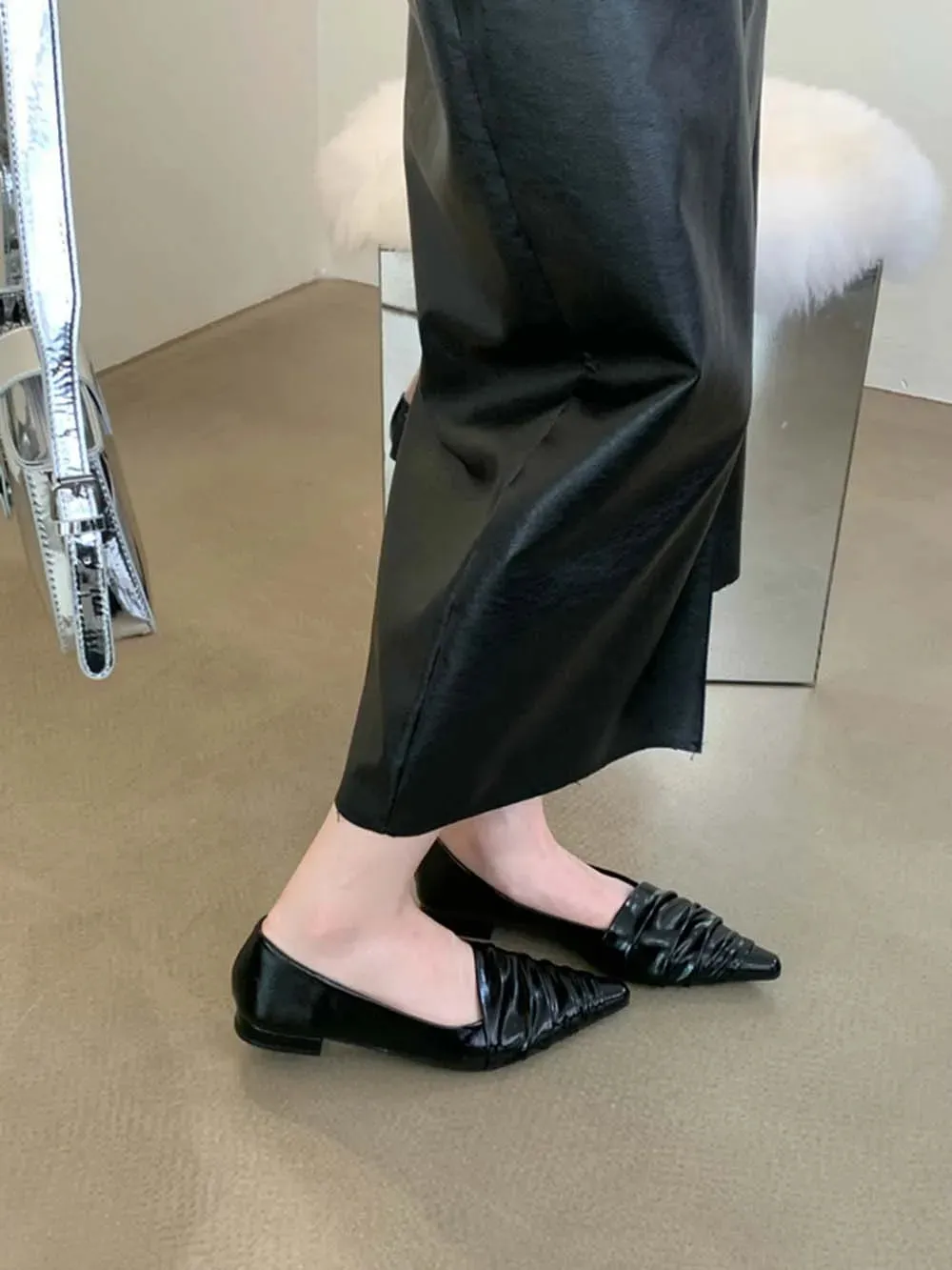 binfenxie  -  Fashion Women Loafers Pointed Toe Shallow Slip On Low Heeled Black Red Silver Gold Party Dress Shoes Woman Mules Size 35-39