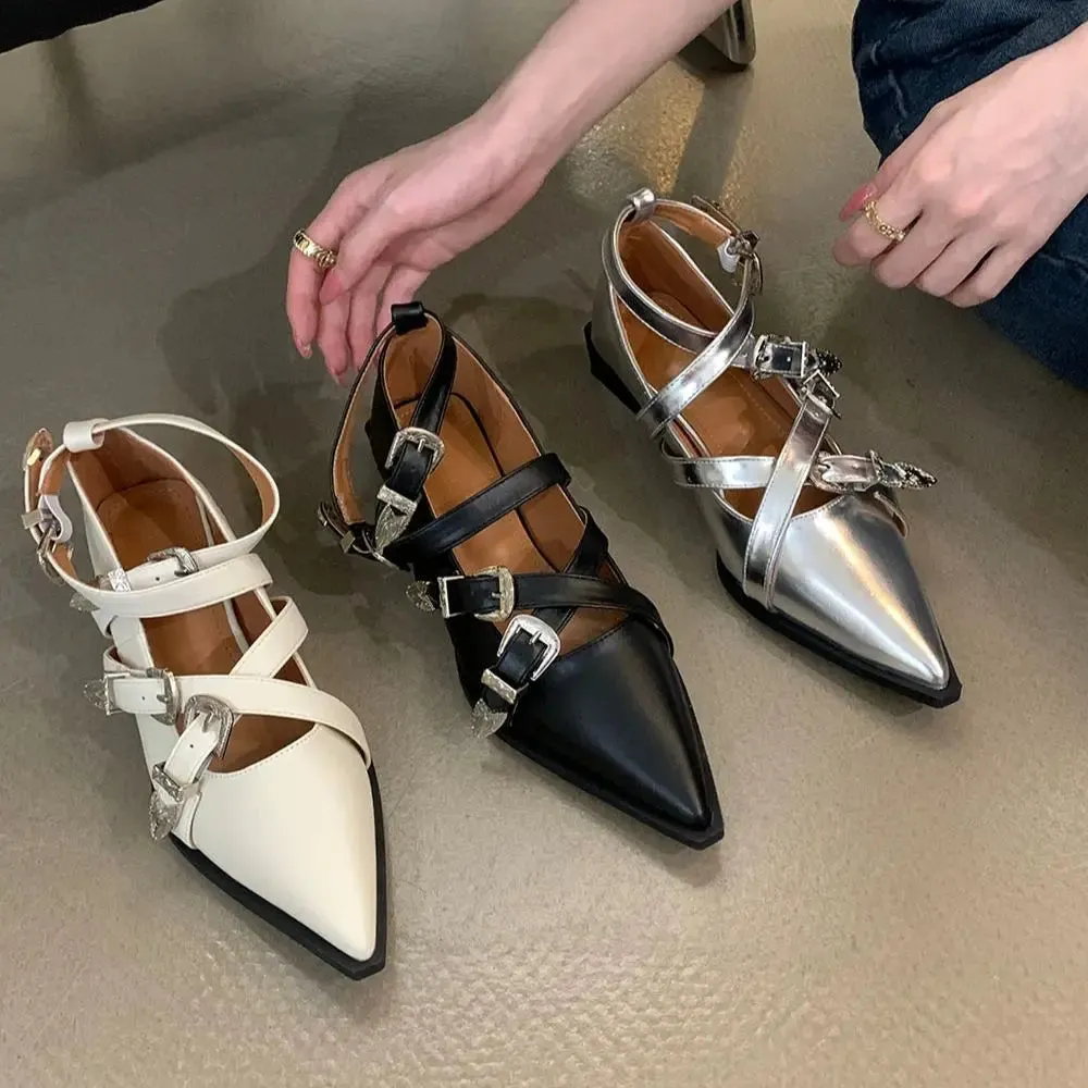 binfenxie  -  Pointed Toe Women Flat Loafers Belt Buckle Autumn Spring Fashion Party Pumps Black White Silver Loafers Shoes Low Heels 35-39