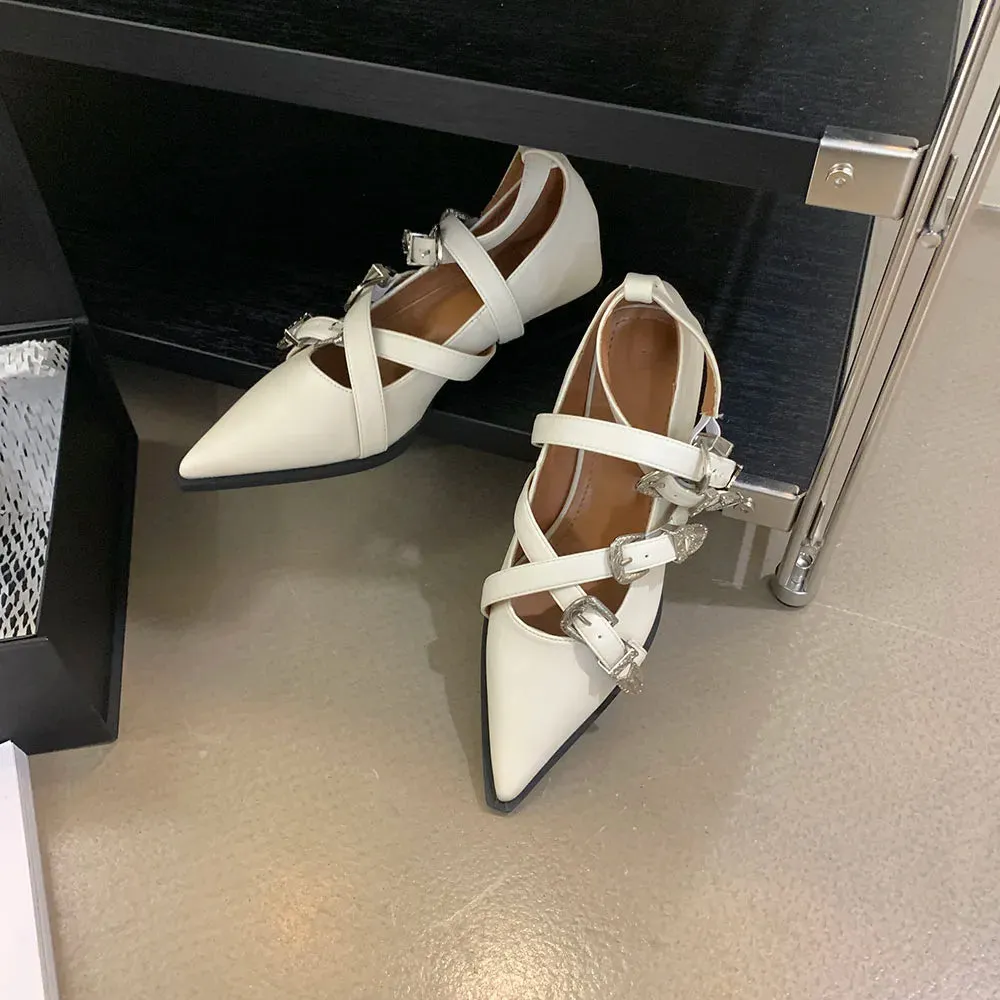 binfenxie  -  Pointed Toe Women Flat Loafers Belt Buckle Autumn Spring Fashion Party Pumps Black White Silver Loafers Shoes Low Heels 35-39