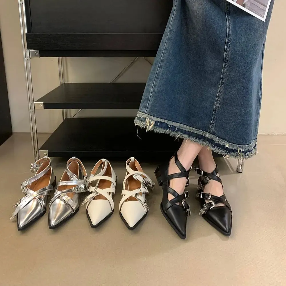 binfenxie  -  Pointed Toe Women Flat Loafers Belt Buckle Autumn Spring Fashion Party Pumps Black White Silver Loafers Shoes Low Heels 35-39