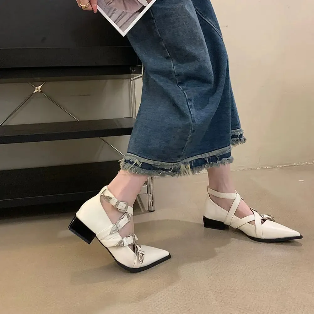 binfenxie  -  Pointed Toe Women Flat Loafers Belt Buckle Autumn Spring Fashion Party Pumps Black White Silver Loafers Shoes Low Heels 35-39