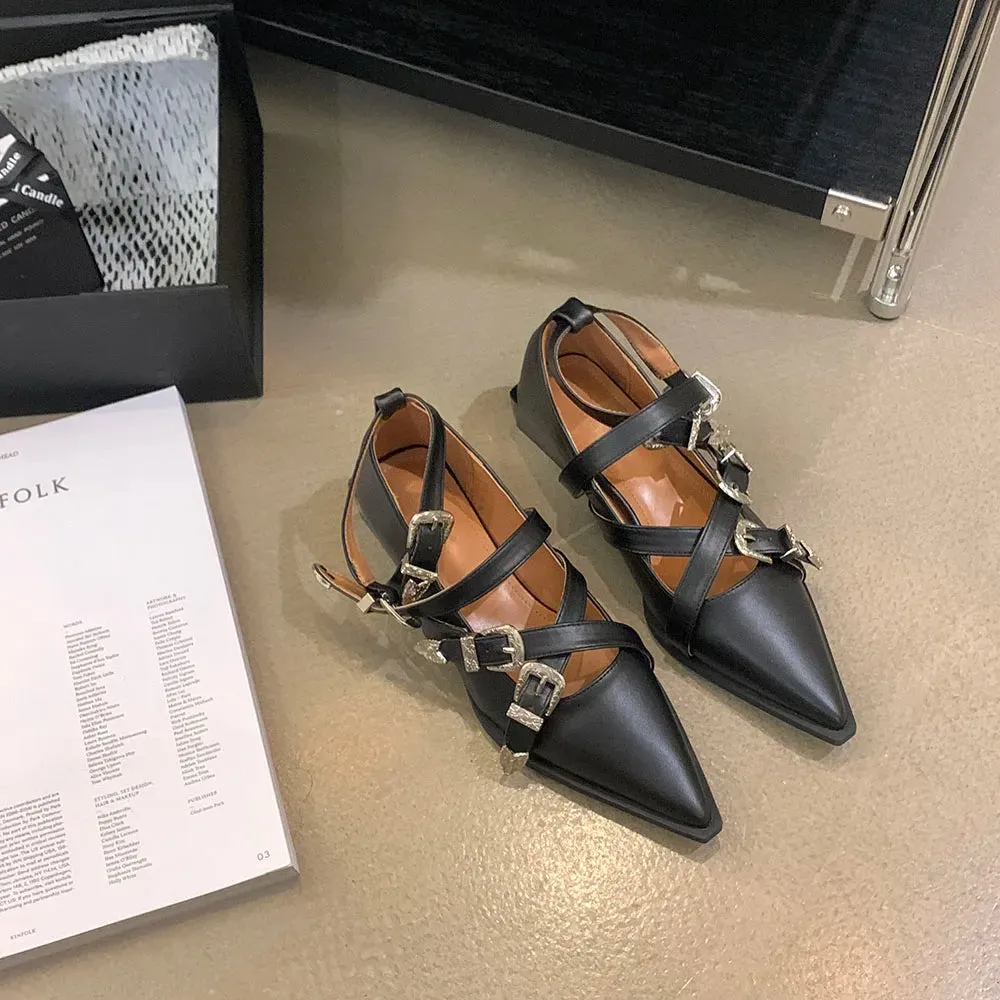 binfenxie  -  Pointed Toe Women Flat Loafers Belt Buckle Autumn Spring Fashion Party Pumps Black White Silver Loafers Shoes Low Heels 35-39