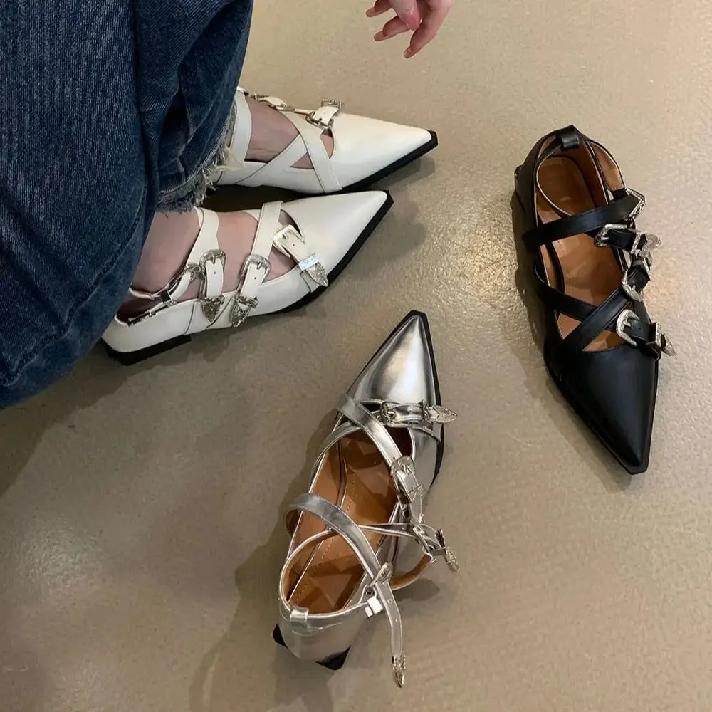 binfenxie  -  Pointed Toe Women Flat Loafers Belt Buckle Autumn Spring Fashion Party Pumps Black White Silver Loafers Shoes Low Heels 35-39