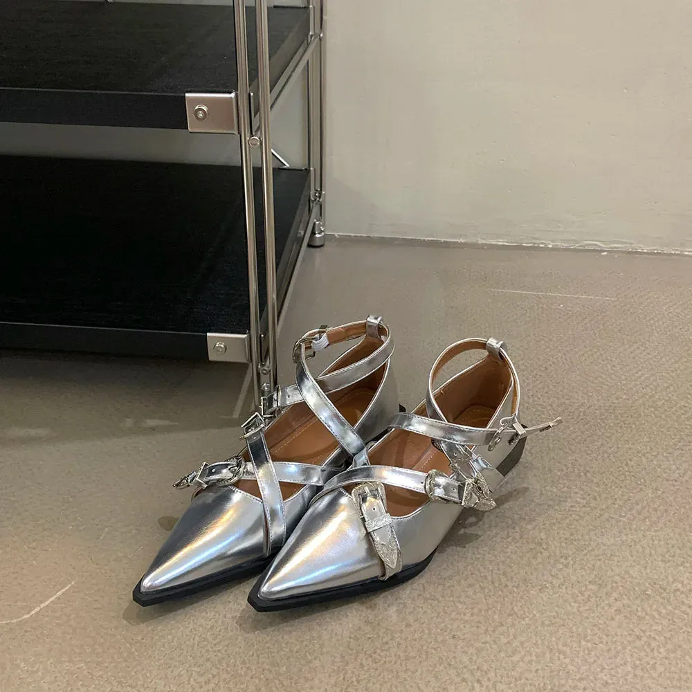 binfenxie  -  Pointed Toe Women Flat Loafers Belt Buckle Autumn Spring Fashion Party Pumps Black White Silver Loafers Shoes Low Heels 35-39
