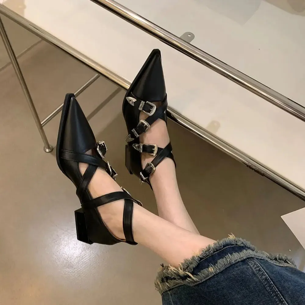 binfenxie  -  Pointed Toe Women Flat Loafers Belt Buckle Autumn Spring Fashion Party Pumps Black White Silver Loafers Shoes Low Heels 35-39