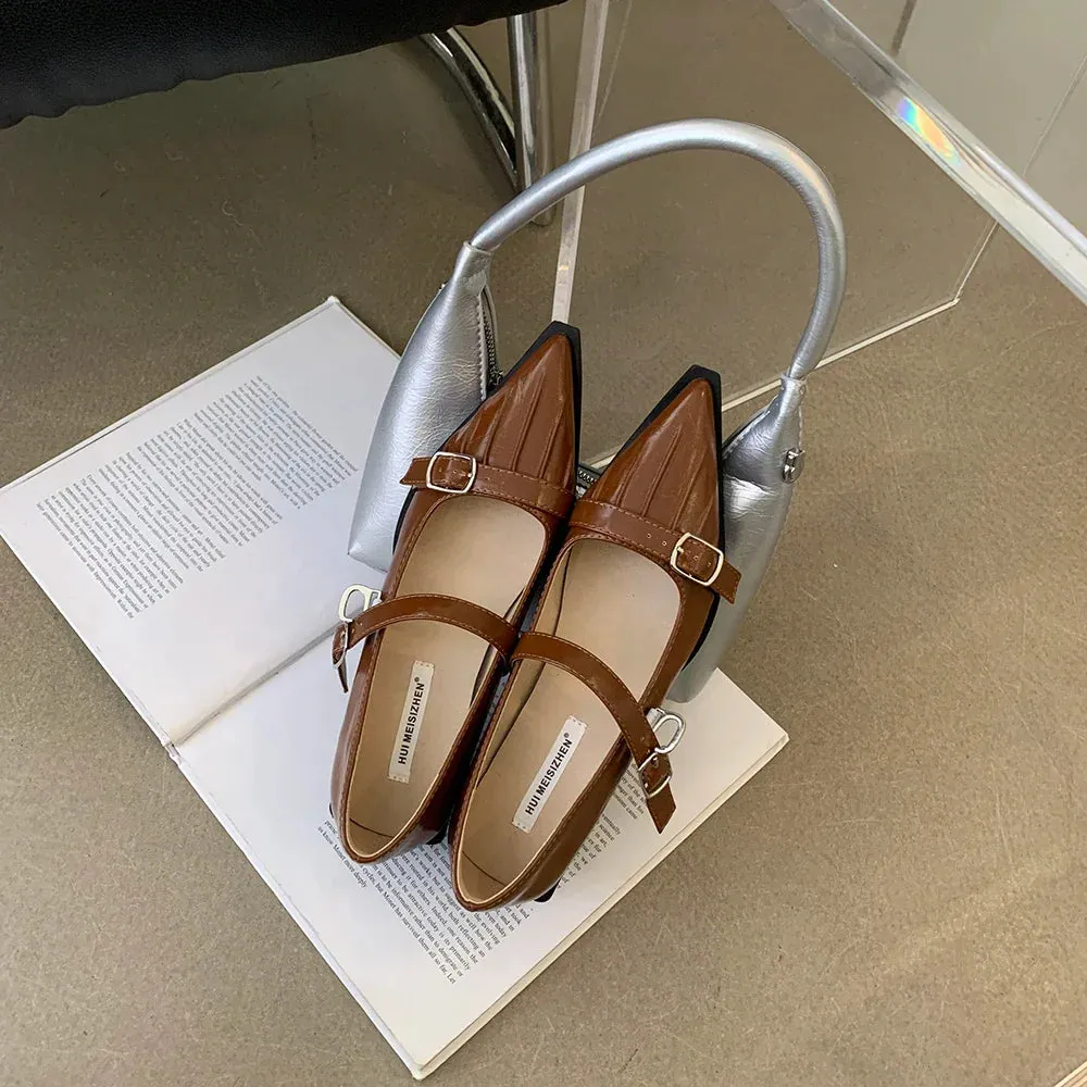 binfenxie  -  Pointed Toe Women Loafers 2024 New Arrivals Black Brown White Fashion Dress Shoes Belt Buckle Black White Brown Party Low Heeled
