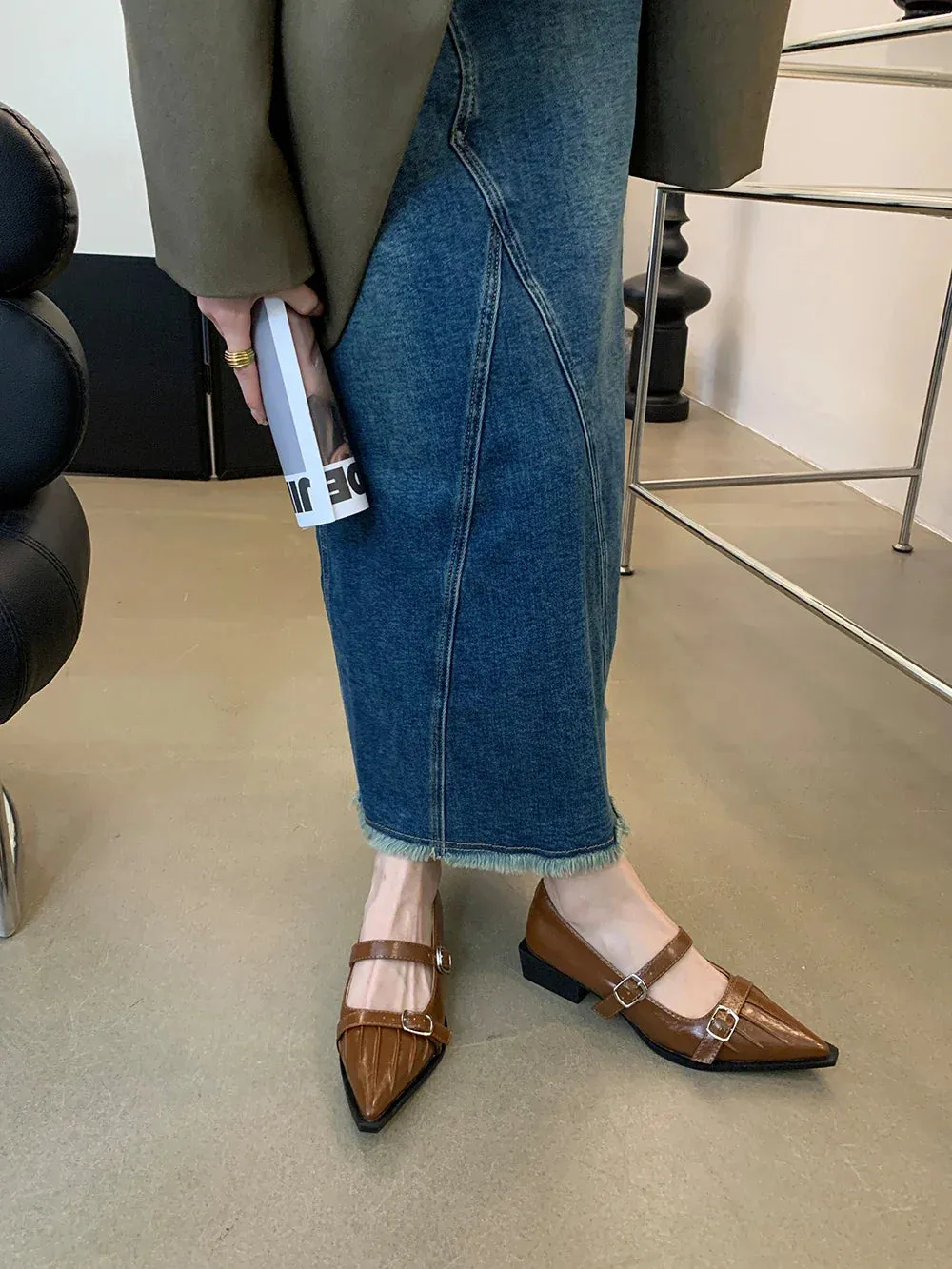 binfenxie  -  Pointed Toe Women Loafers 2024 New Arrivals Black Brown White Fashion Dress Shoes Belt Buckle Black White Brown Party Low Heeled
