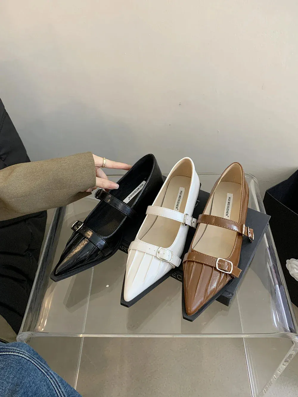 binfenxie  -  Pointed Toe Women Loafers 2024 New Arrivals Black Brown White Fashion Dress Shoes Belt Buckle Black White Brown Party Low Heeled