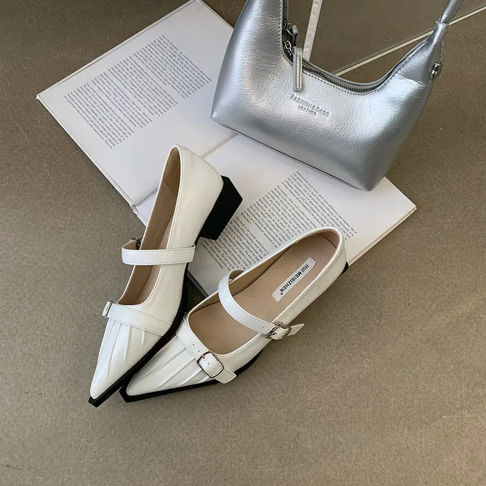 binfenxie  -  Pointed Toe Women Loafers 2024 New Arrivals Black Brown White Fashion Dress Shoes Belt Buckle Black White Brown Party Low Heeled