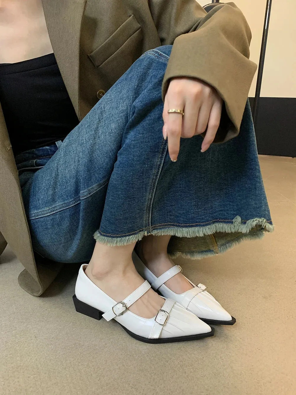 binfenxie  -  Pointed Toe Women Loafers 2024 New Arrivals Black Brown White Fashion Dress Shoes Belt Buckle Black White Brown Party Low Heeled