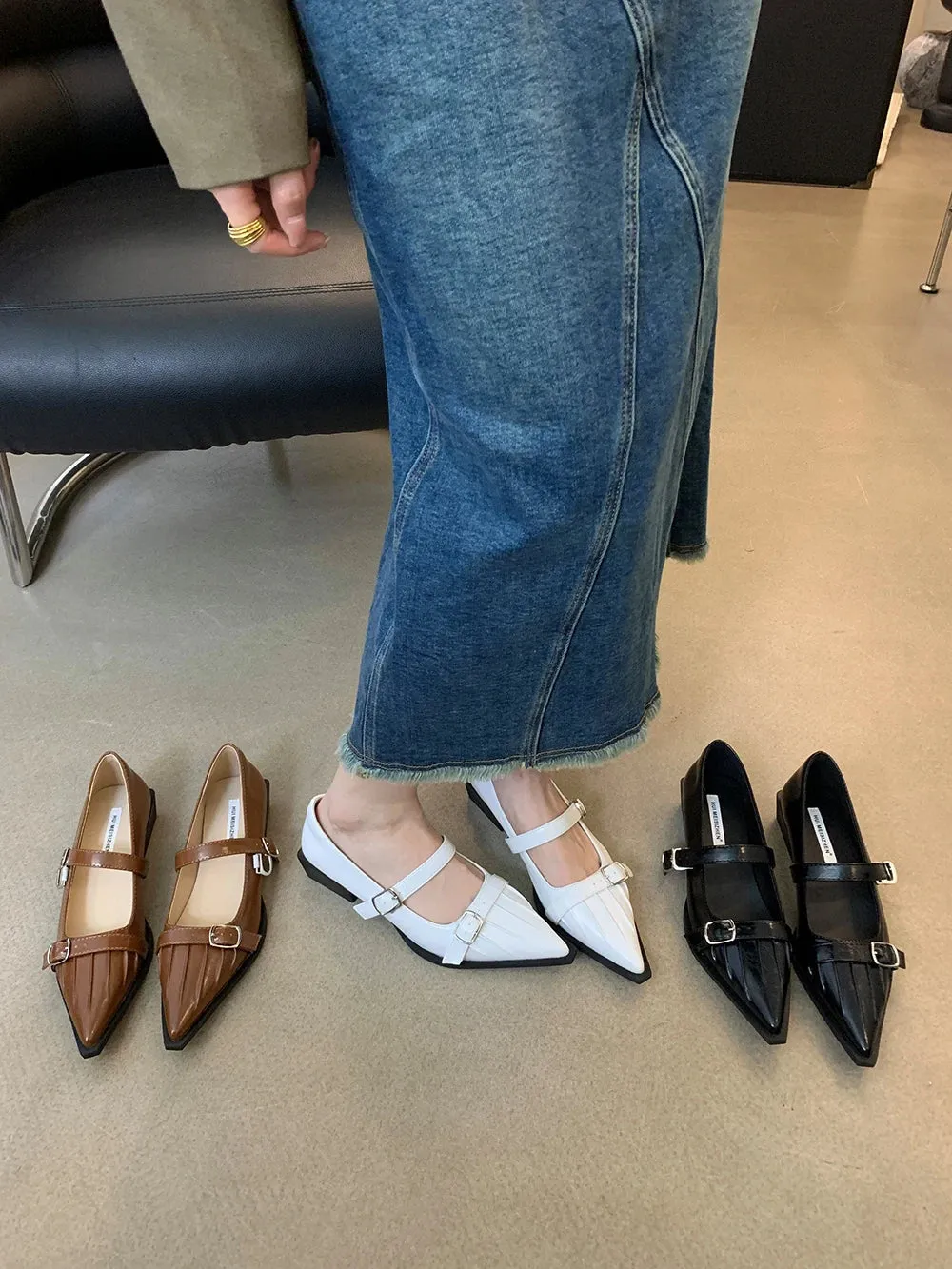 binfenxie  -  Pointed Toe Women Loafers 2024 New Arrivals Black Brown White Fashion Dress Shoes Belt Buckle Black White Brown Party Low Heeled