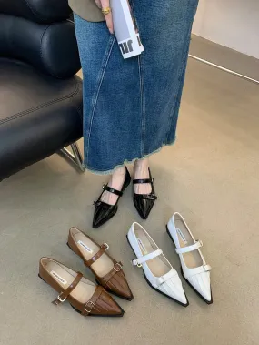 binfenxie  -  Pointed Toe Women Loafers 2024 New Arrivals Black Brown White Fashion Dress Shoes Belt Buckle Black White Brown Party Low Heeled
