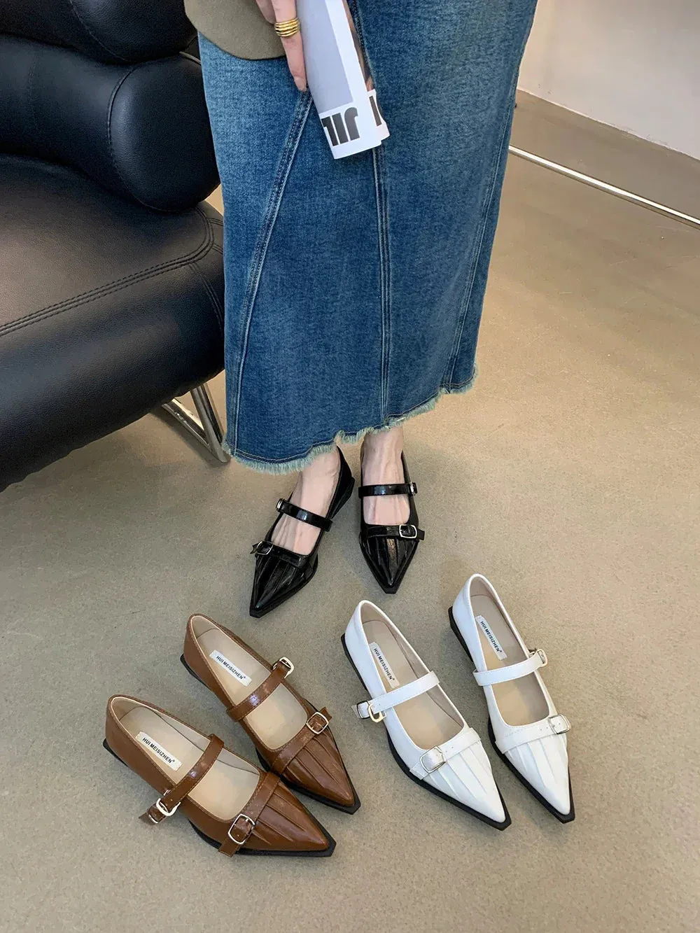 binfenxie  -  Pointed Toe Women Loafers 2024 New Arrivals Black Brown White Fashion Dress Shoes Belt Buckle Black White Brown Party Low Heeled