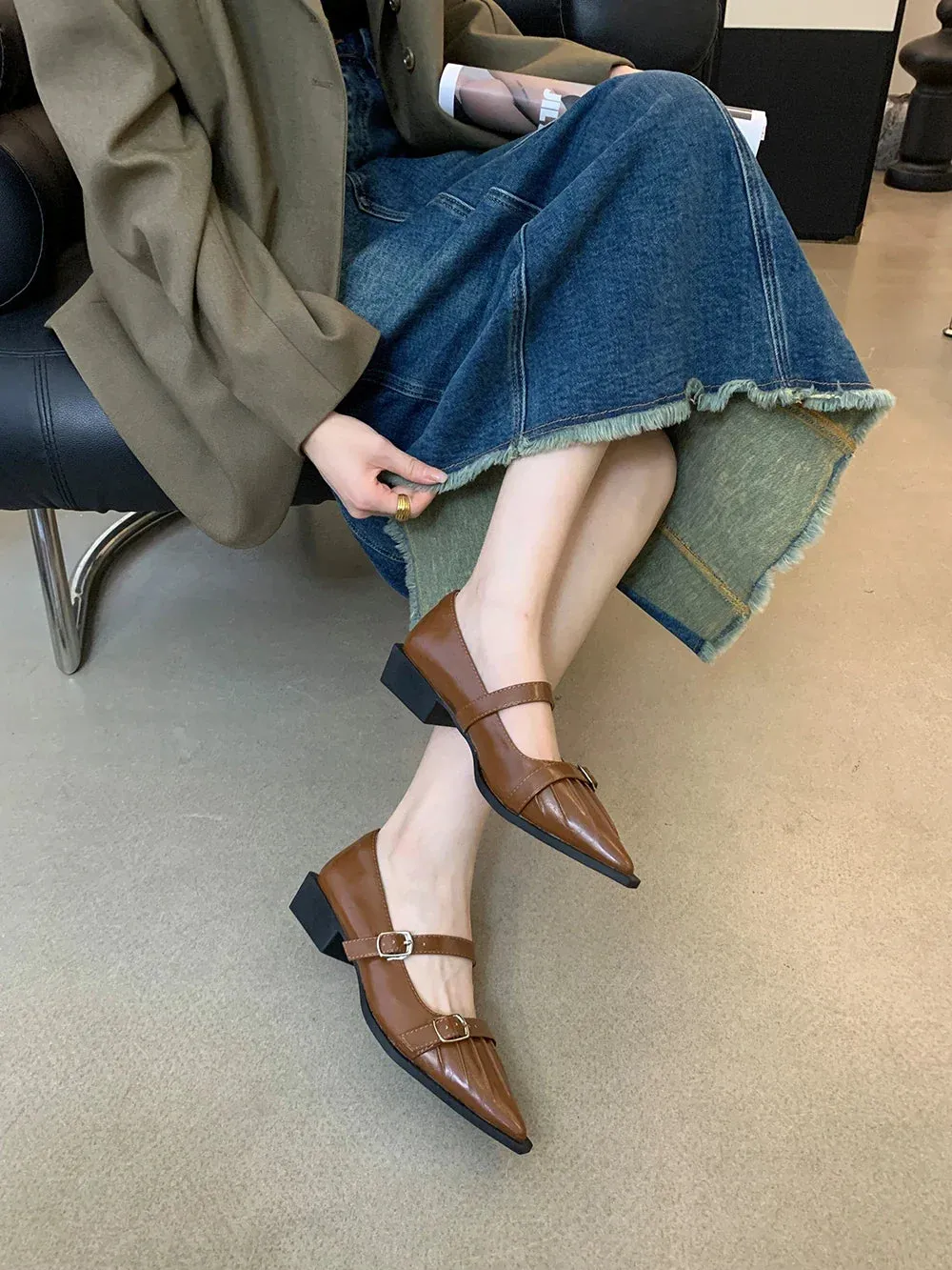 binfenxie  -  Pointed Toe Women Loafers 2024 New Arrivals Black Brown White Fashion Dress Shoes Belt Buckle Black White Brown Party Low Heeled
