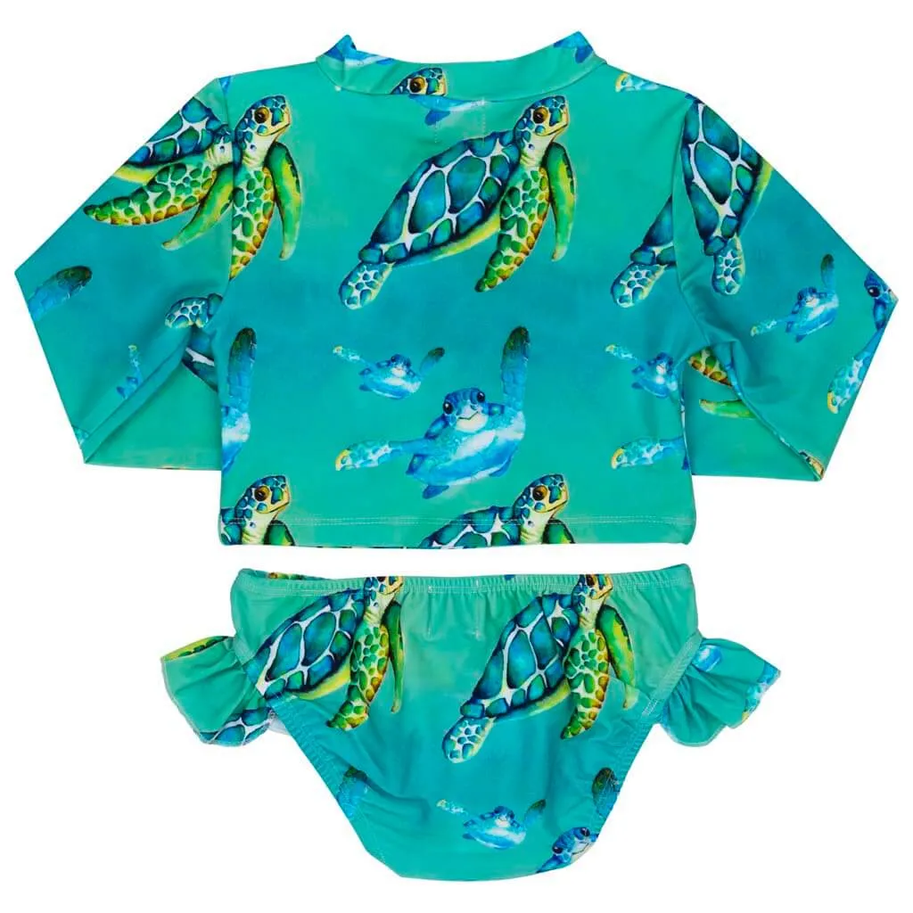 Blue Turtle Girls Long Sleeve Two Piece Zip Swimmers