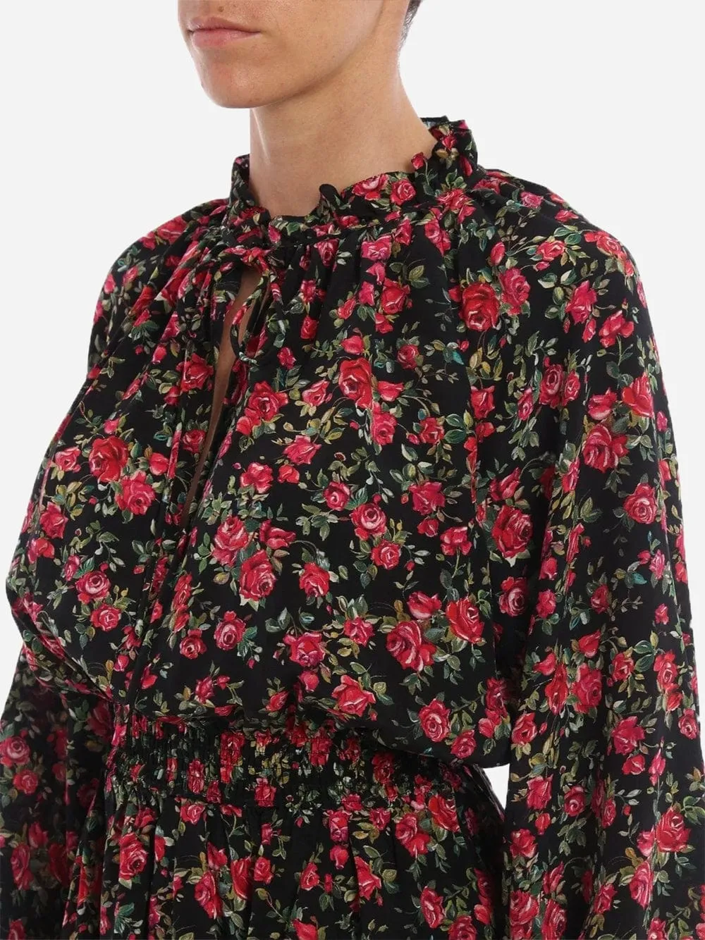 Floral Print Silk Ruffle Blouse