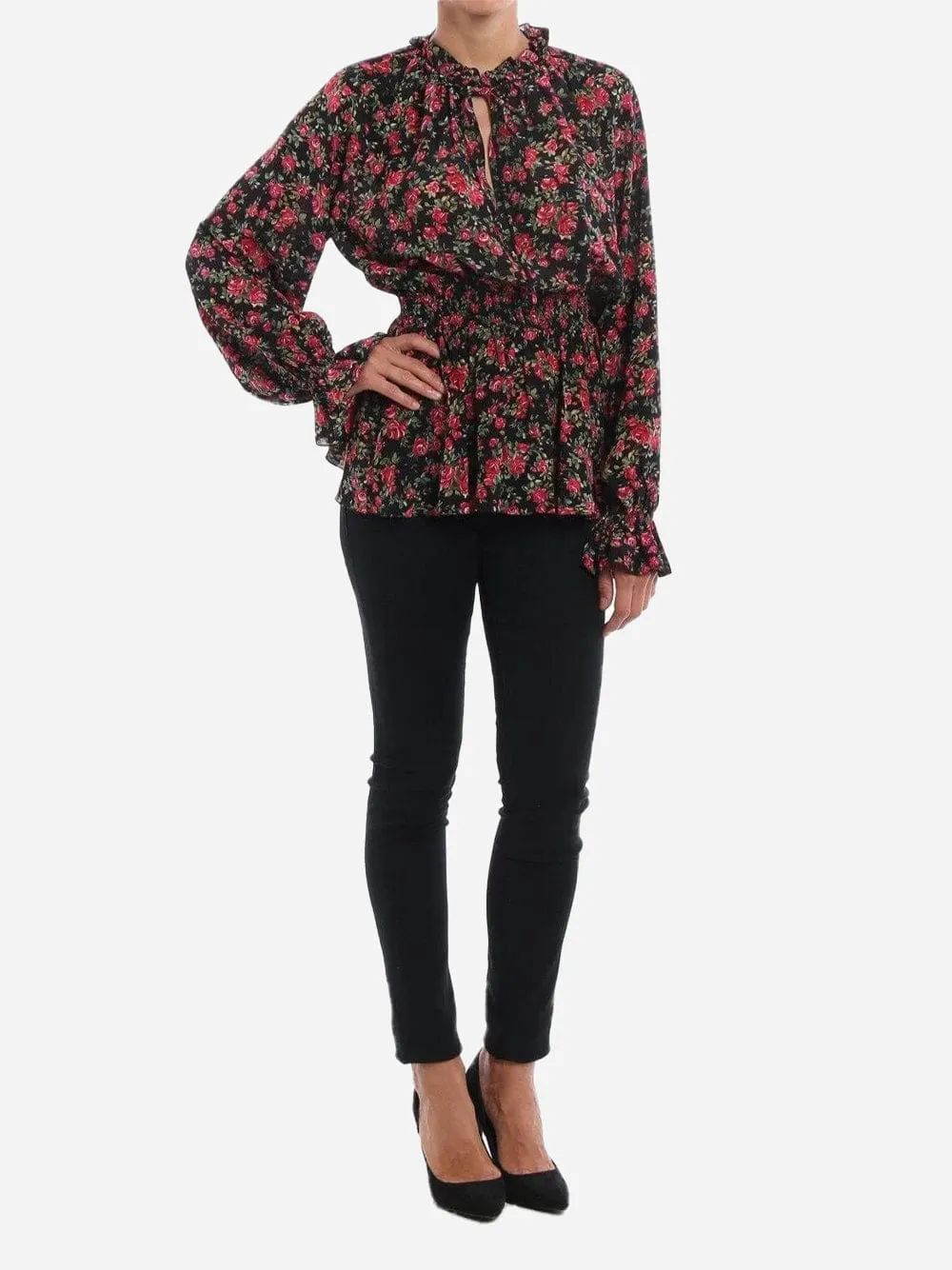 Floral Print Silk Ruffle Blouse