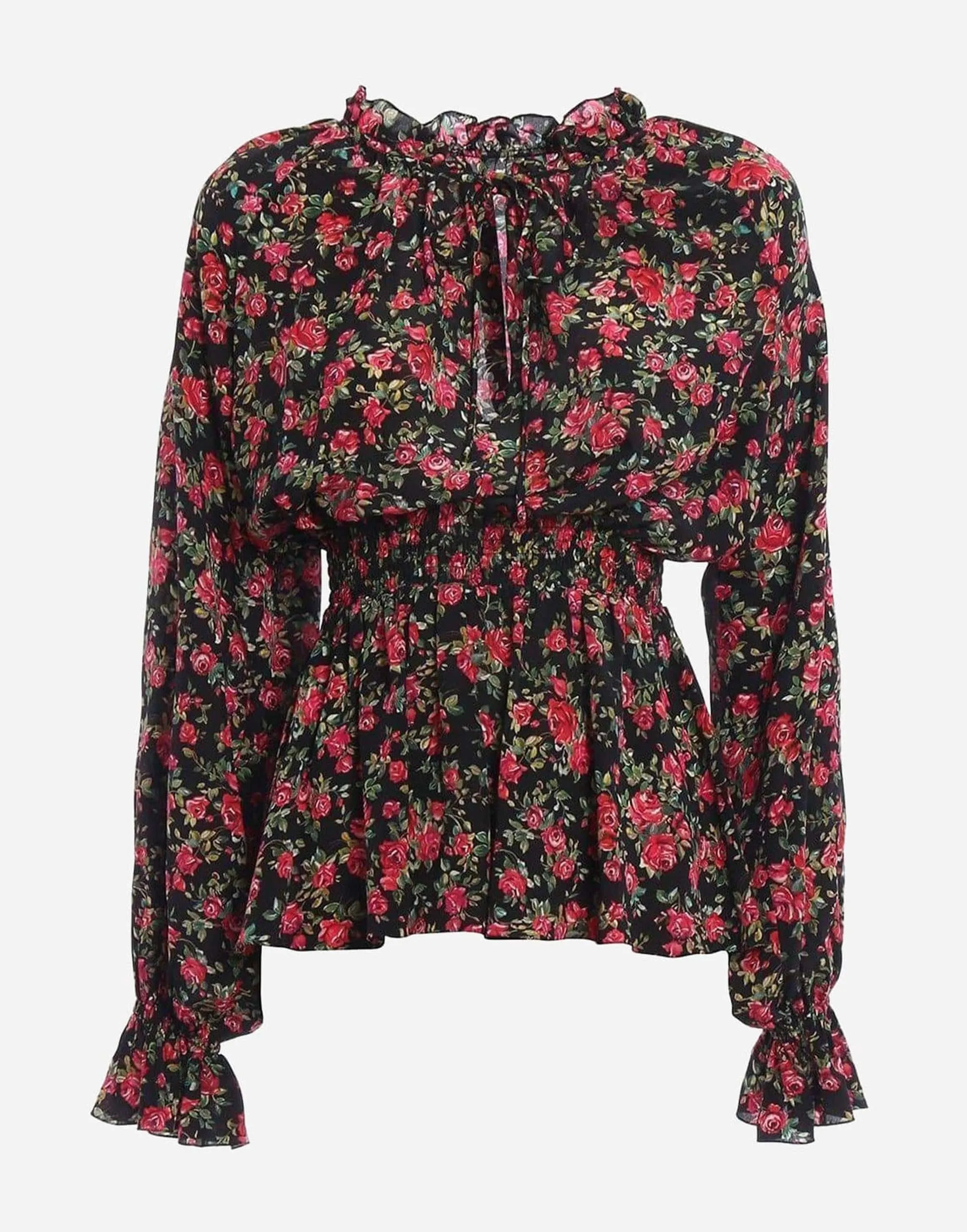 Floral Print Silk Ruffle Blouse