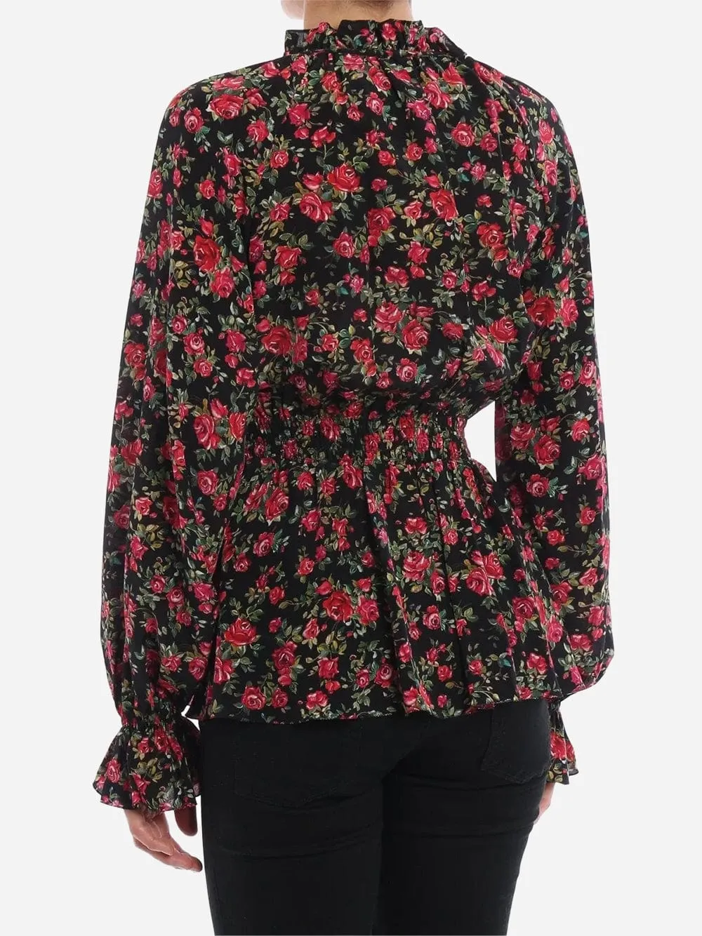 Floral Print Silk Ruffle Blouse
