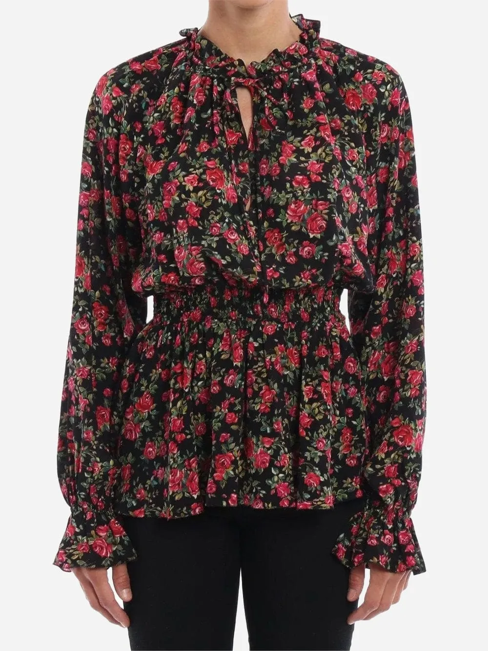 Floral Print Silk Ruffle Blouse