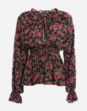 Floral Print Silk Ruffle Blouse