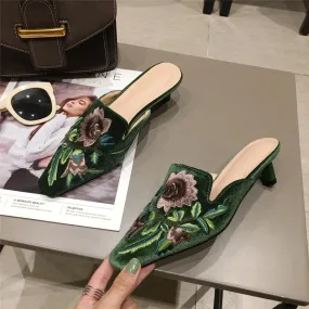 Green Velvet High Heels Slippers Women Floral Embroidery Mules Shallow Pointed Toe Heeled Fashion Loafers Outsides Woman Slides