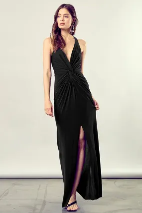 Into the Night Front Twist Side Slit Black Maxi Dress