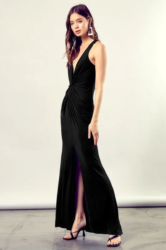 Into the Night Front Twist Side Slit Black Maxi Dress