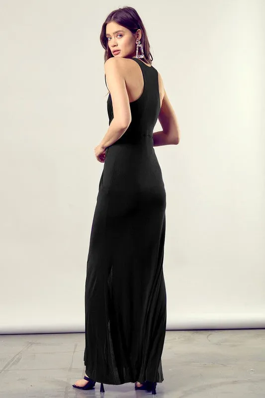 Into the Night Front Twist Side Slit Black Maxi Dress