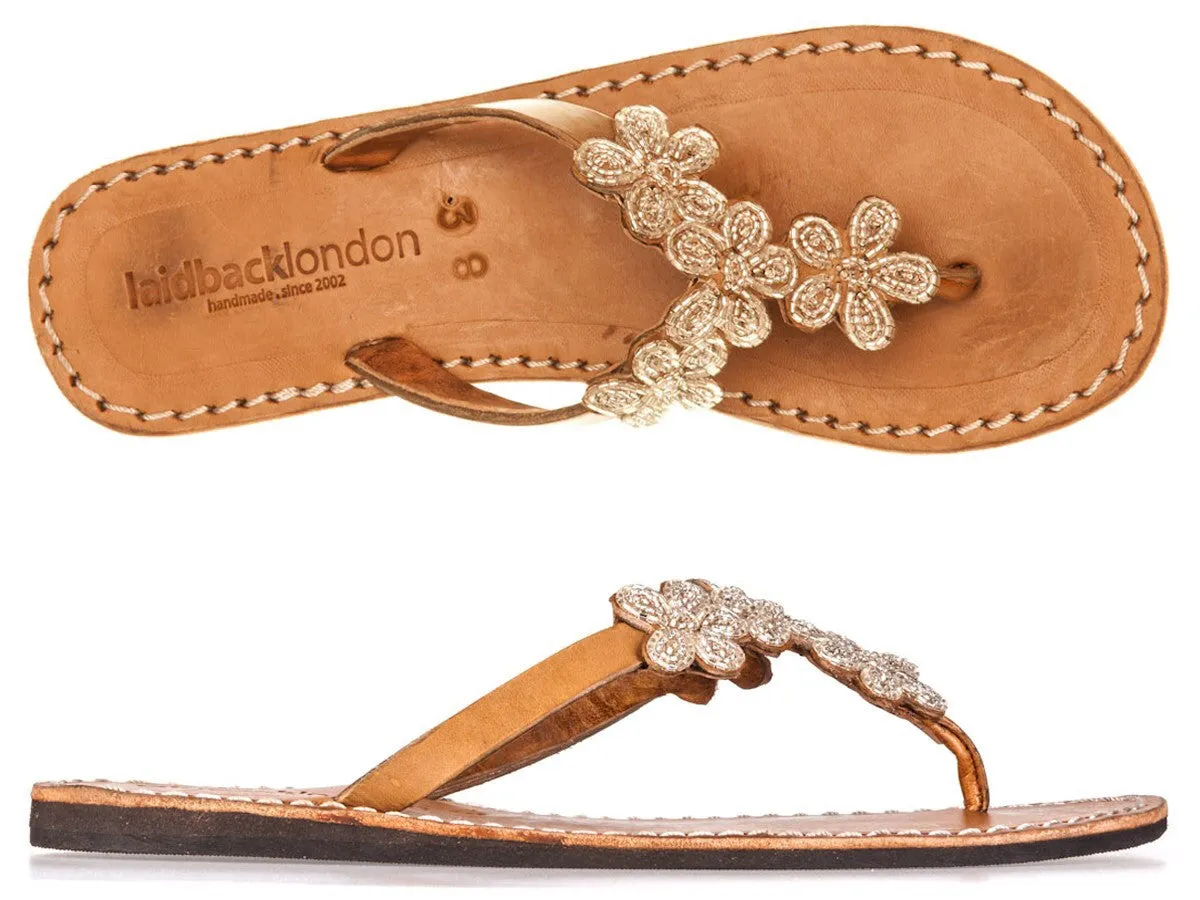 Silver Beaded Floral Mid Brown Flat Sandals