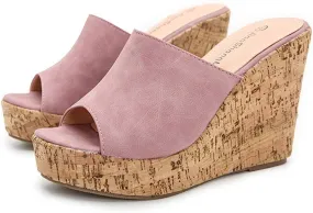 Soft Pink Cork Style Platform Wedge Sandals