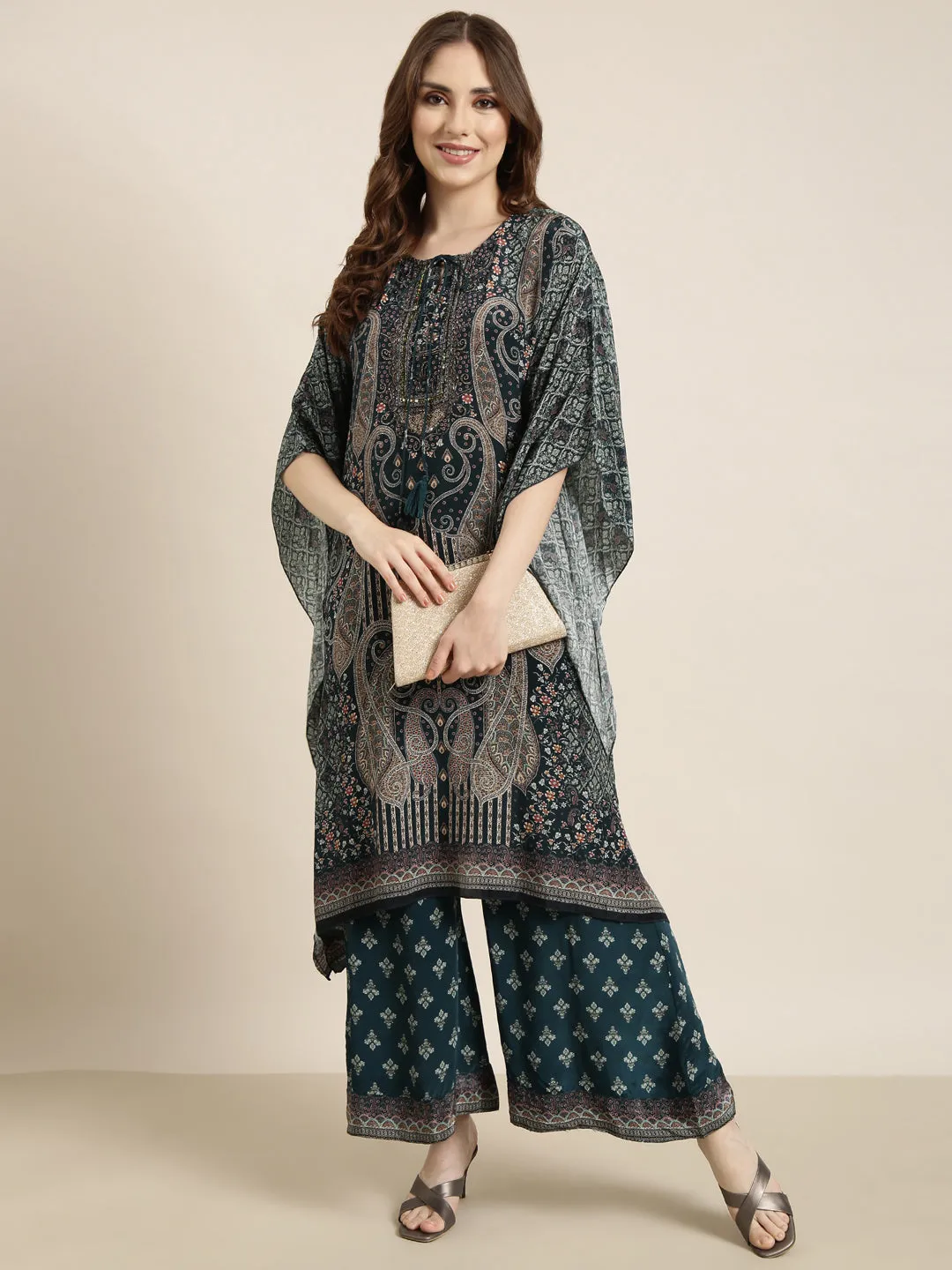 Women Teal Printed Tunic & Trousers Set