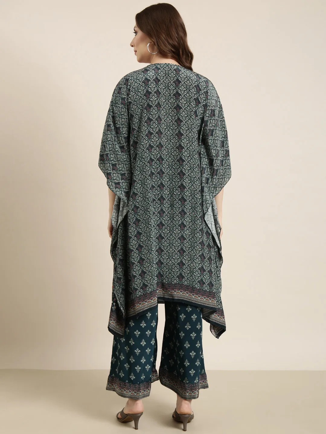 Women Teal Printed Tunic & Trousers Set