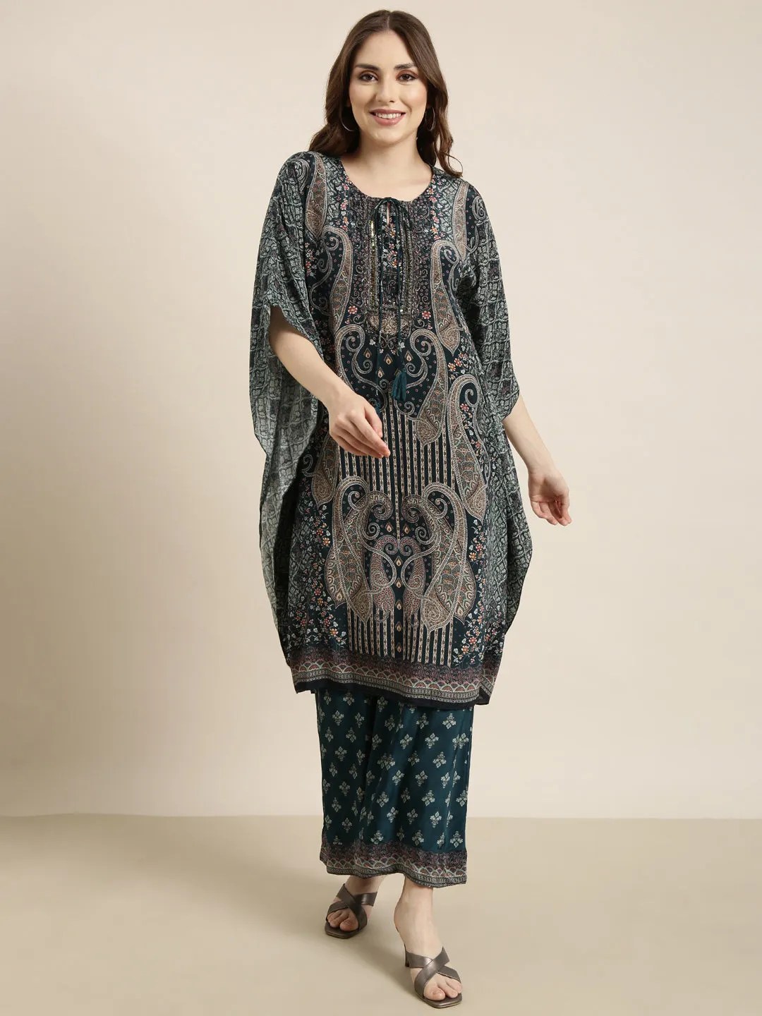 Women Teal Printed Tunic & Trousers Set